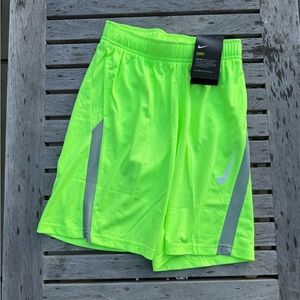 NWT Nike Boys Dri-fit Shorts Neon Green Gray Stripe and Swoosh Size M